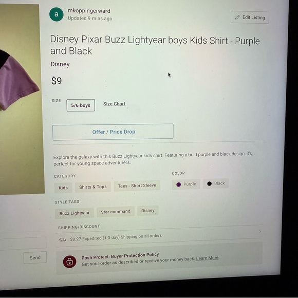 Disney Pixar Buzz Lightyear boys Kids T-Shirt - Purple and Black - Picture 5 of 5